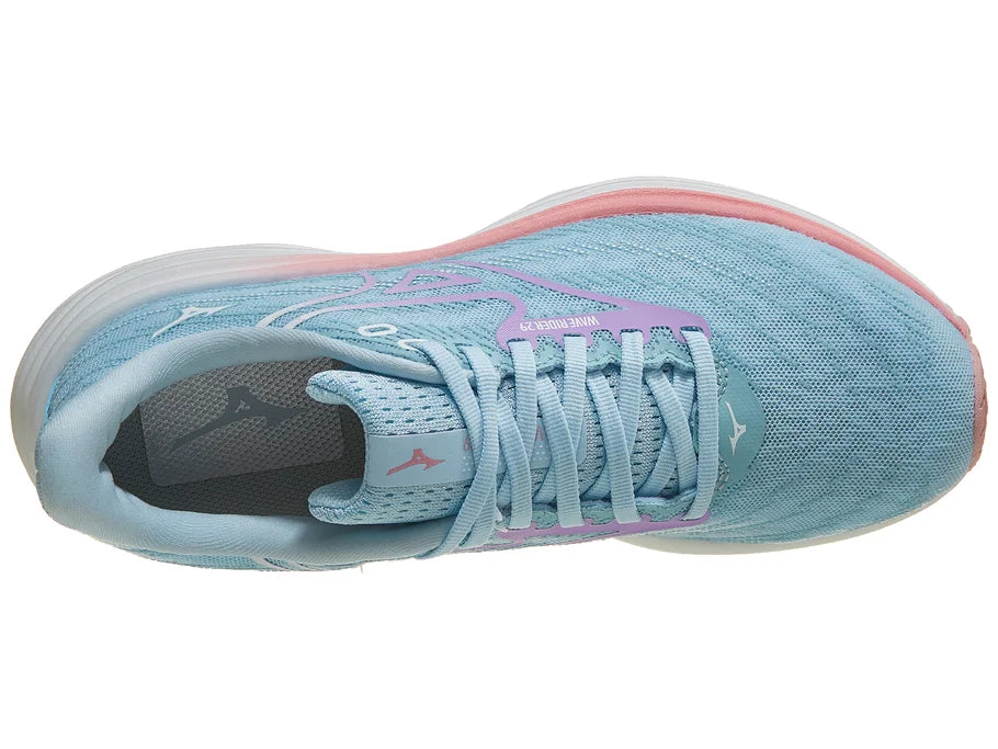 Women's Mizuno Wave Rider 29. Blue/Green upper. White midsole. Top view.