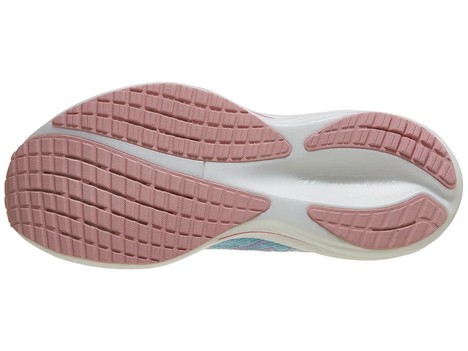 Women's Mizuno Wave Rider 29. Blue/Green upper. White midsole. Bottom view.