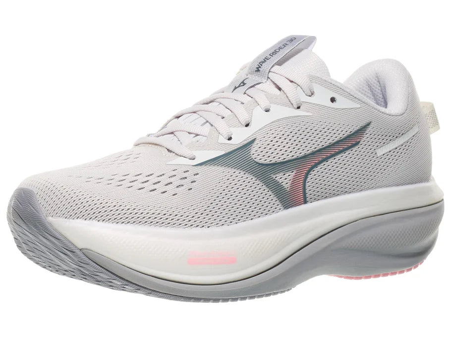Women's Mizuno Wave Rider 30. Light Grey upper. Grey/White midsole. Lateral view.