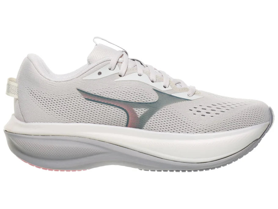 Women's Mizuno Wave Rider 30. Light Grey upper. Grey/White midsole. Medial view.