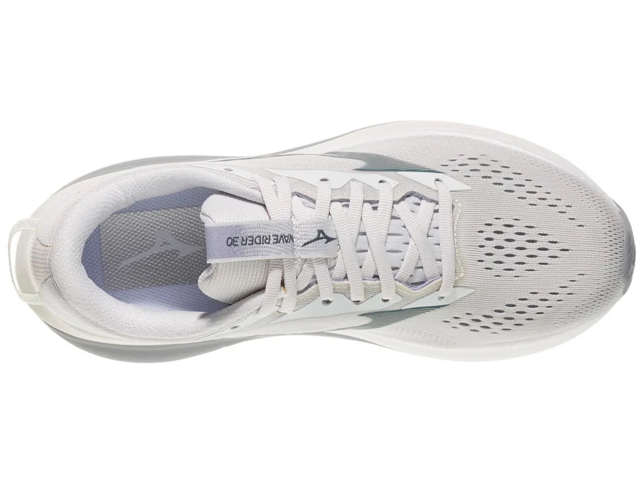 Women's Mizuno Wave Rider 30. Light Grey upper. Grey/White midsole. Top view.