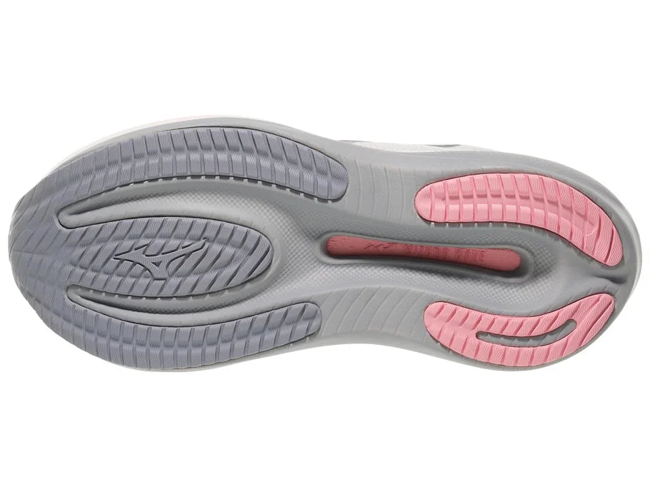 Women's Mizuno Wave Rider 30. Light Grey upper. Grey/White midsole. Bottom view.
