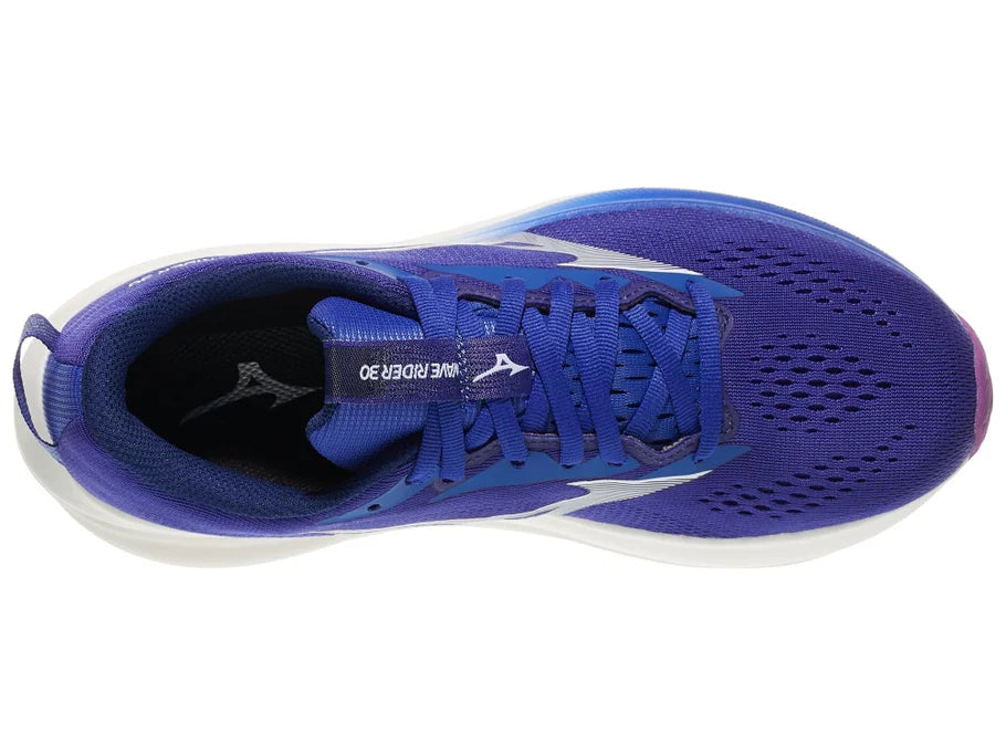 Women's Mizuno Wave Rider 30 in Royal Blue/White, top view.