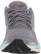 Women's Mizuno Wave Sky 4. Grey upper. Green midsole. Front view.