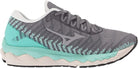 Women's Mizuno Wave Sky 4. Grey upper. Green midsole. Medial view.