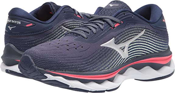 Women's Mizuno Wave Sky 5 in Peacoat, lateral view.