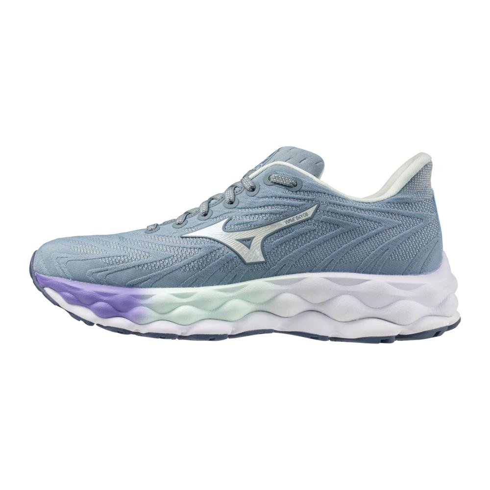 Women's Mizuno Wave Sky 8. Blue upper. Purple, green, and white midsole. Lateral view.