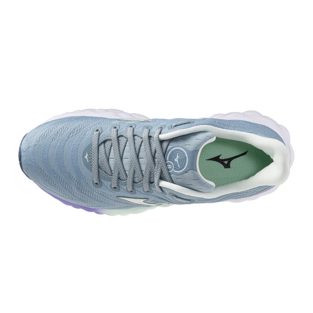 Women's Mizuno Wave Sky 8. Blue upper. Purple, green, and white midsole. Top view.