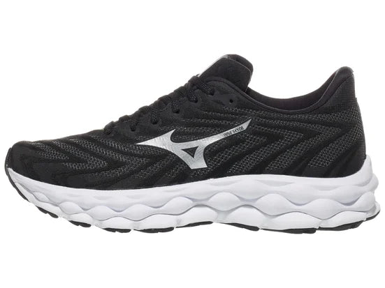 Women's Mizuno Wave Sky 8. Black upper. White midsole. Lateral view.