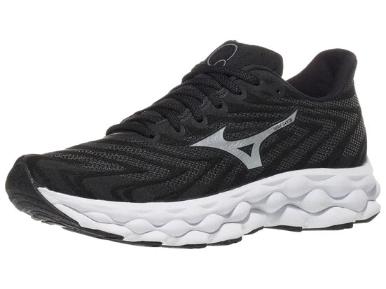 Women's Mizuno Wave Sky 8. Black upper. White midsole. Lateral view.