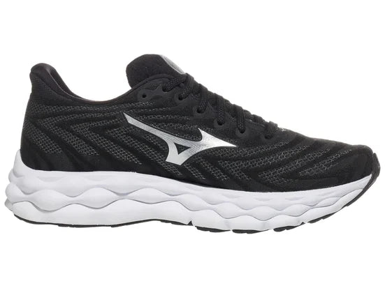 Women's Mizuno Wave Sky 8. Black upper. White midsole. Medial view.