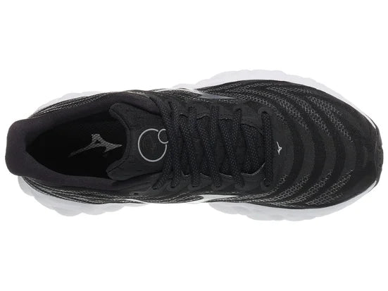 Women's Mizuno Wave Sky 8. Black upper. White midsole. Top view.