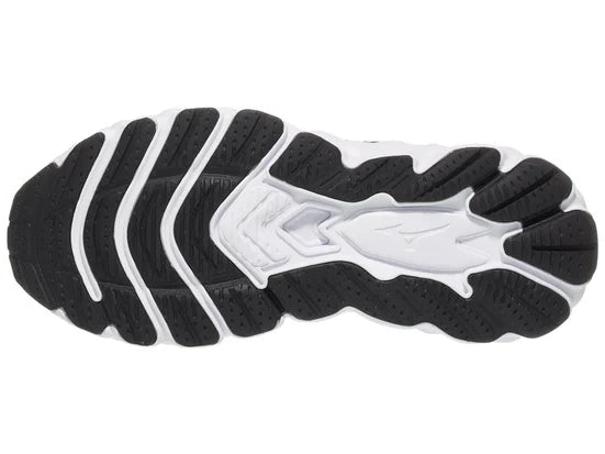 Women's Mizuno Wave Sky 8. Black upper. White midsole. Bottom view.