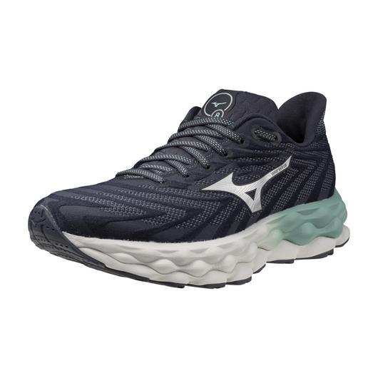 Women's Mizuno Wave Sky 8. Dark Grey upper. White midsole. Lateral view.