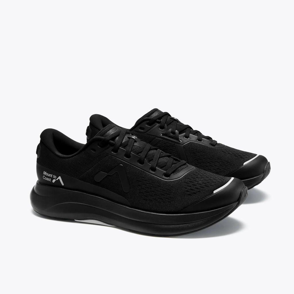 Women's Mount to Coast P1. Black upper. Black midsole. Lateral view.