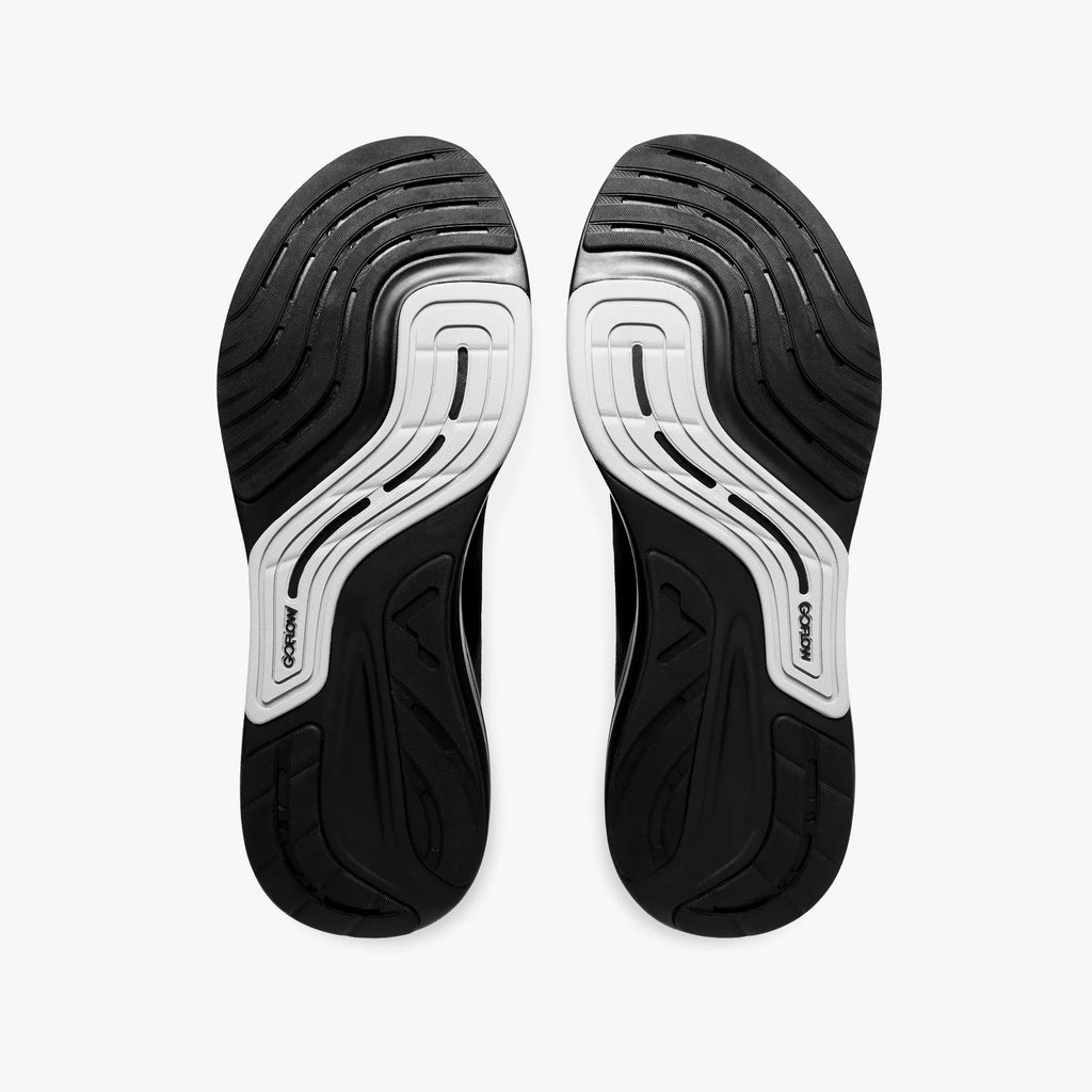 Women's Mount to Coast P1. Black upper. Black midsole. Bottom view.