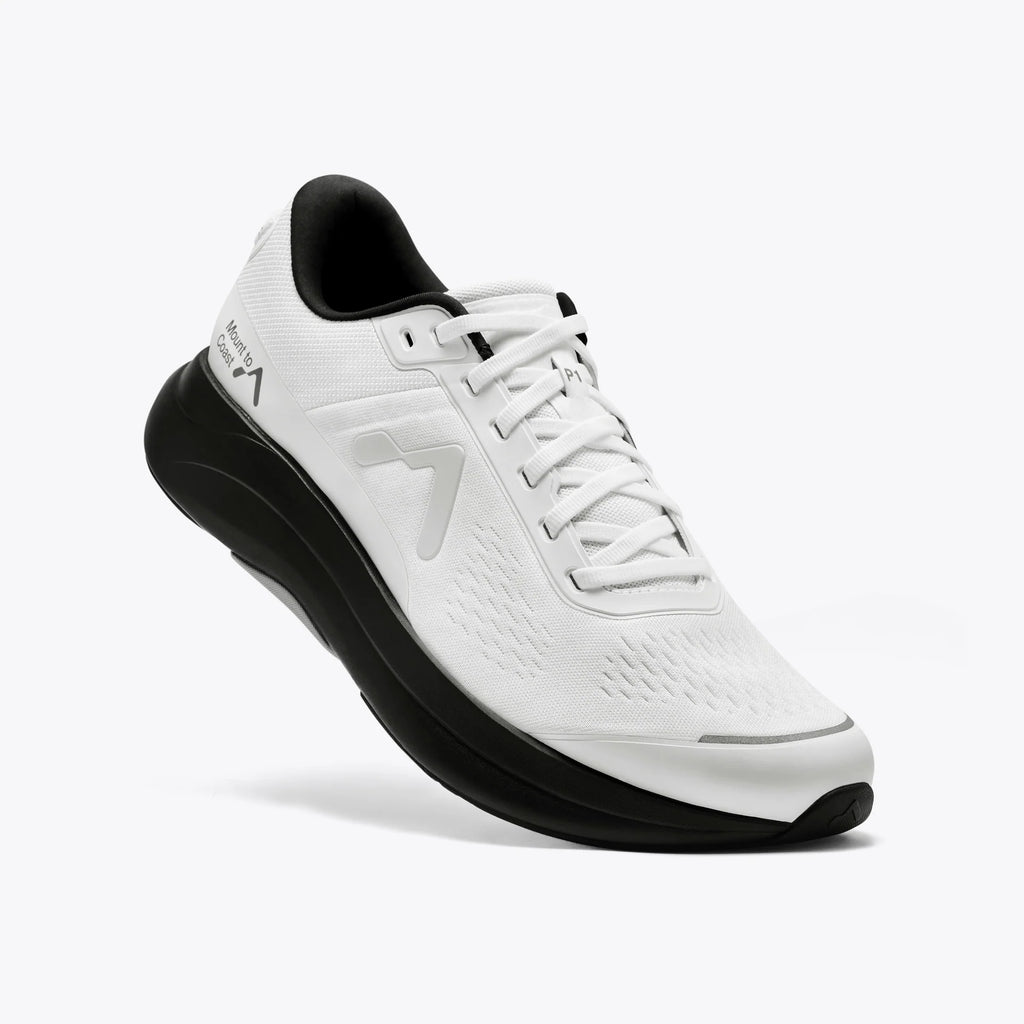 Women's Mount to Coast P1. White upper. Black midsole. Lateral view.