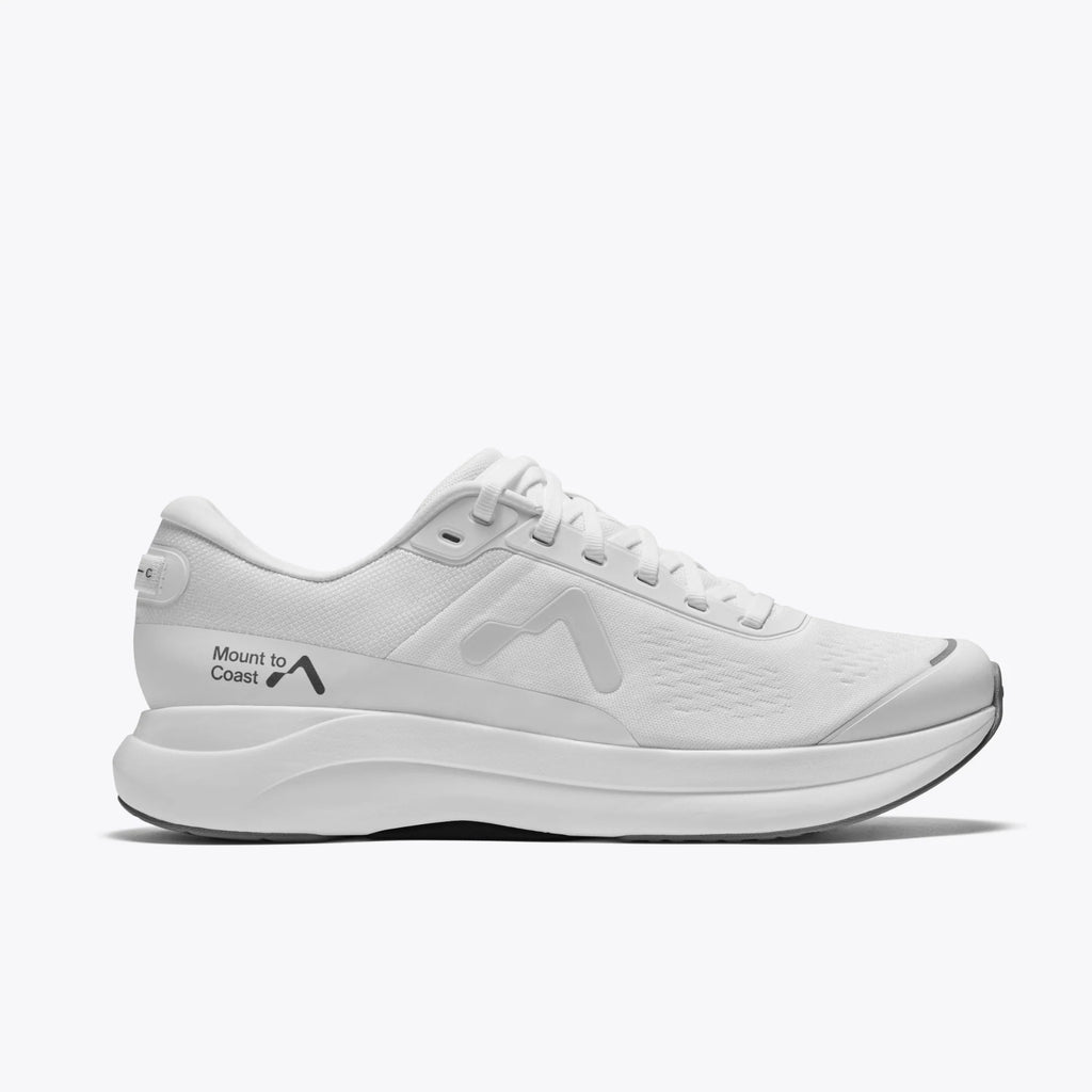 Women's Mount to Coast P1. White upper. White midsole. Lateral view.
