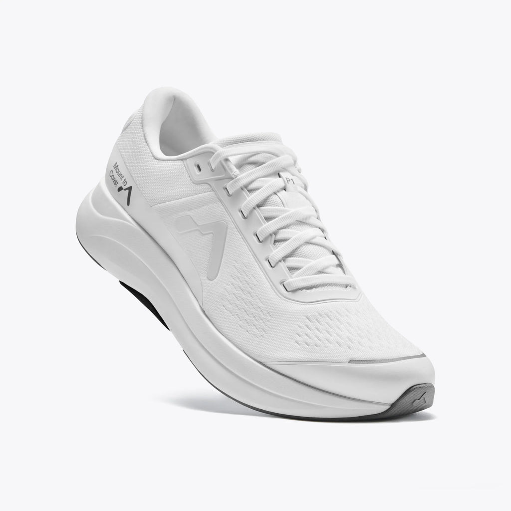 Women's Mount to Coast P1. White upper. White midsole. Lateral view.
