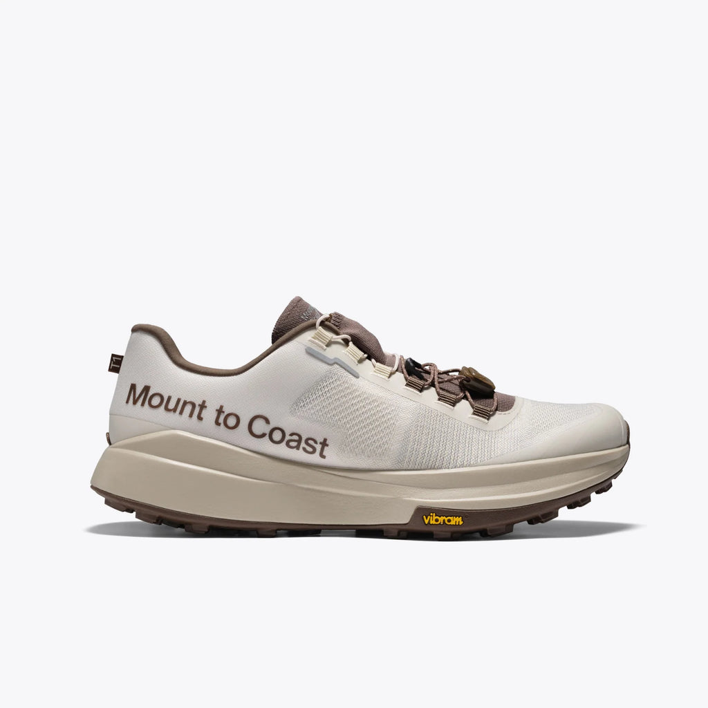 Women's Mount to Coast T1. Light Grey upper. Tan midsole. Lateral view.