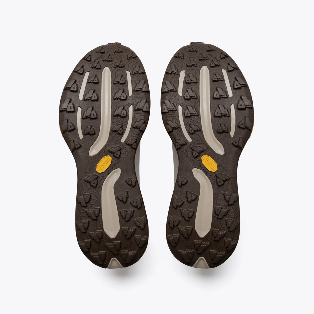 Women's Mount to Coast T1. Light Grey upper. Tan midsole. Bottom view.