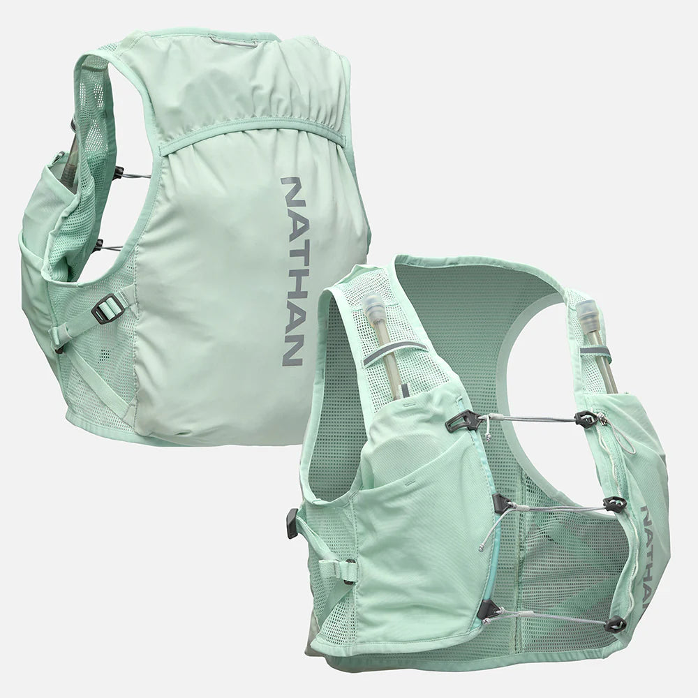 Women's Nathan Breeze 4 Liter Hydration Vest. Mint green. Front and back view.