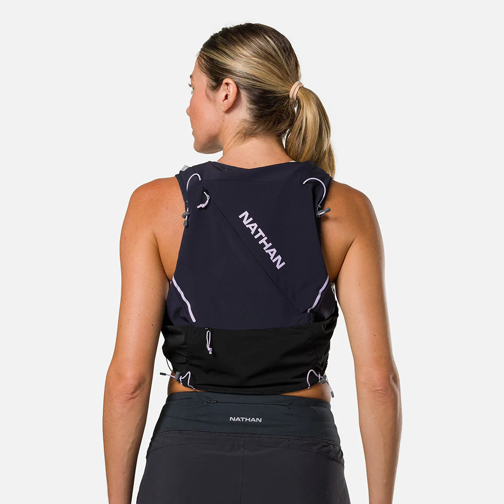 Women's Nathan Pinnacle Pro 12 Liter Hydration Vest. Black. Back view.