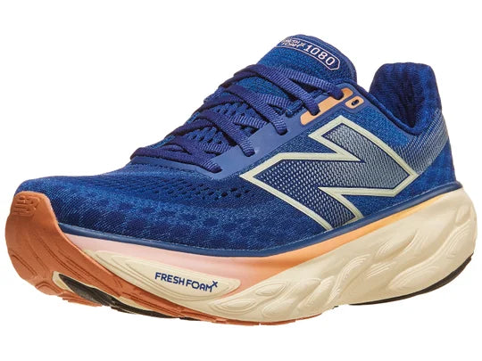 Women's New Balance 1080 v14. Blue upper. Off white, orange, and pink midsole. Lateral view.