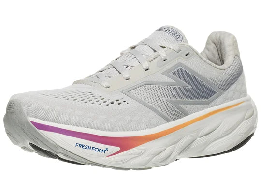 Women's New Balance 1080 v14. Grey upper. White midsole. Lateral view.