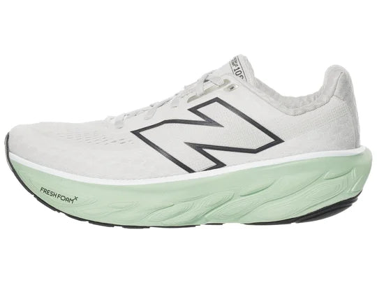 Women's New Balance 1080 v14. Light grey upper. Light green midsole. Lateral view.