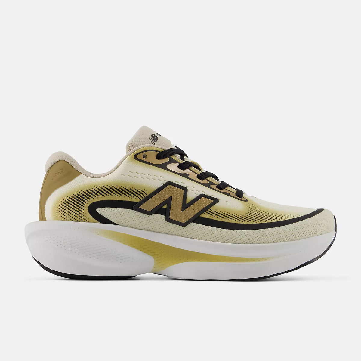 Women's New Balance Ellipse. Black, gold, and white upper. White and gold midsole. Lateral view.