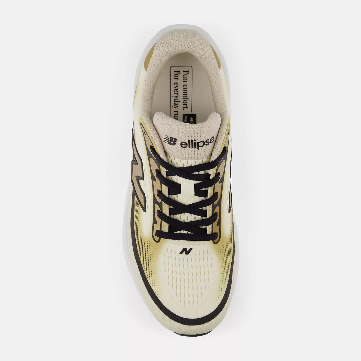Women's New Balance Ellipse. Black, gold, and white upper. White and gold midsole. Top view.