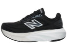 Women's New Balance More v6. Black upper. White midsole. Lateral view.