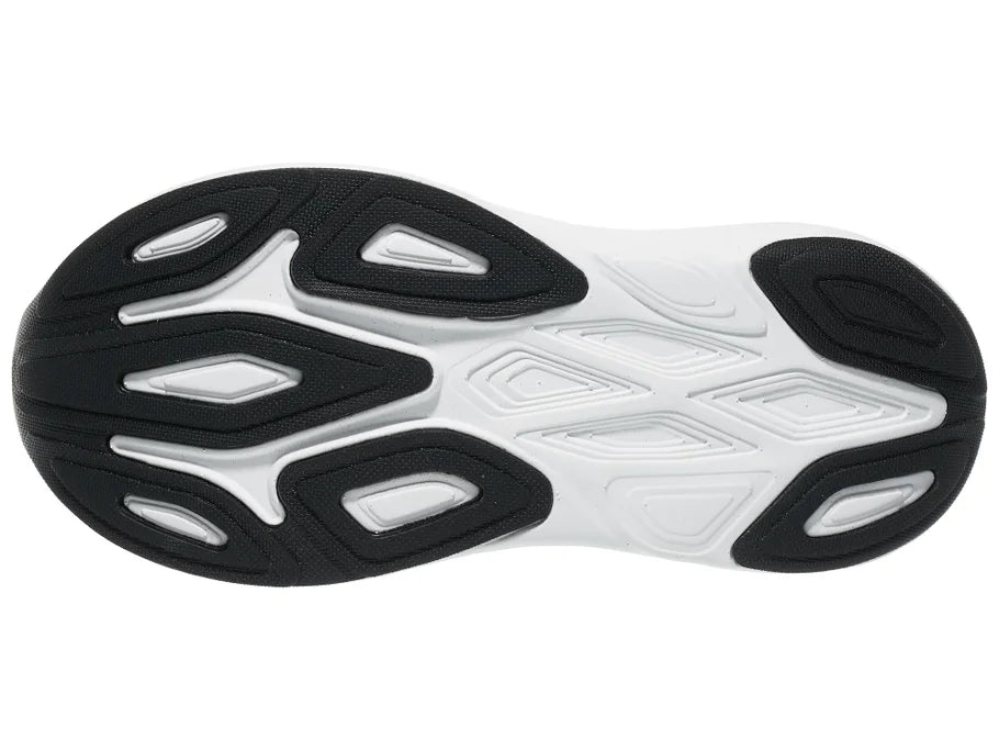 Women's New Balance More v6. Black upper. White midsole. Bottom view.
