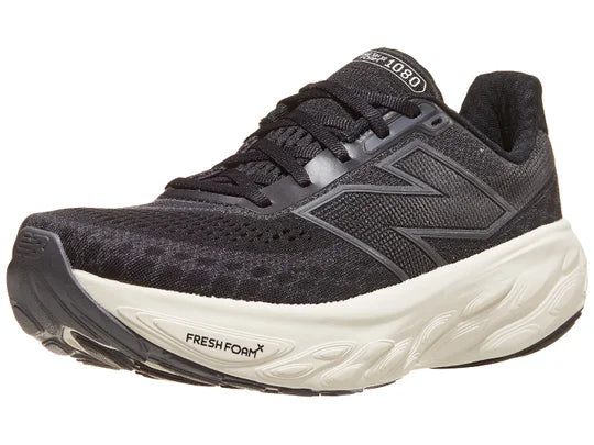 Women's New Balance 1080 v14. Black upper. White midsole. Lateral view.