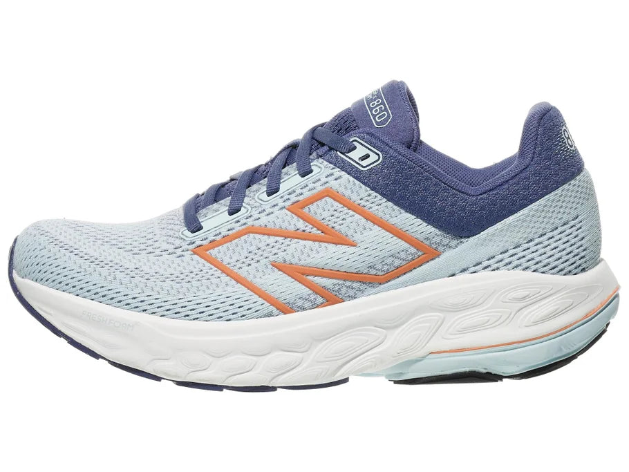 Women's New Balance 860 v14. Light Blue upper. White midsole. Lateral view.