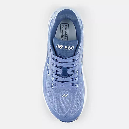 Women's New Balance 860 v15. Blue upper. White midsole. Top view.