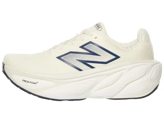 Women's New Balance More v5. Off White upper. White midsole. Lateral view.
