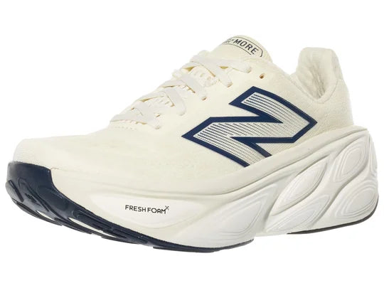 Women's New Balance More v5. Off White upper. White midsole. Lateral view.
