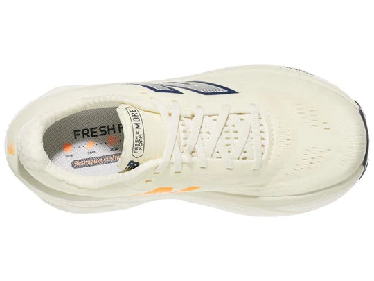 Women's New Balance More v5. Off White upper. White midsole. Top view.