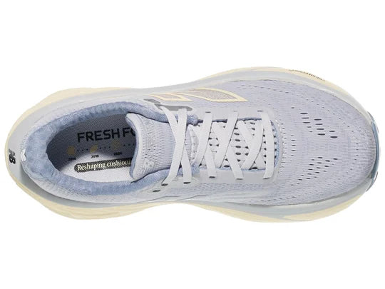 Women's New Balance More v5. Light Purple upper. Off White midsole. Top view.