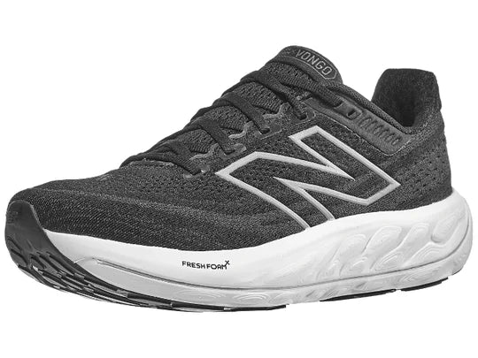 Women's New Balance Vongo v6. Black upper. White midsole. Lateral view.