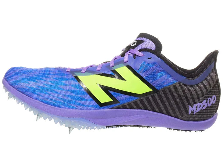 Women's New Balance FuelCell MD500. Blue upper. Purple midsole. Lateral view.