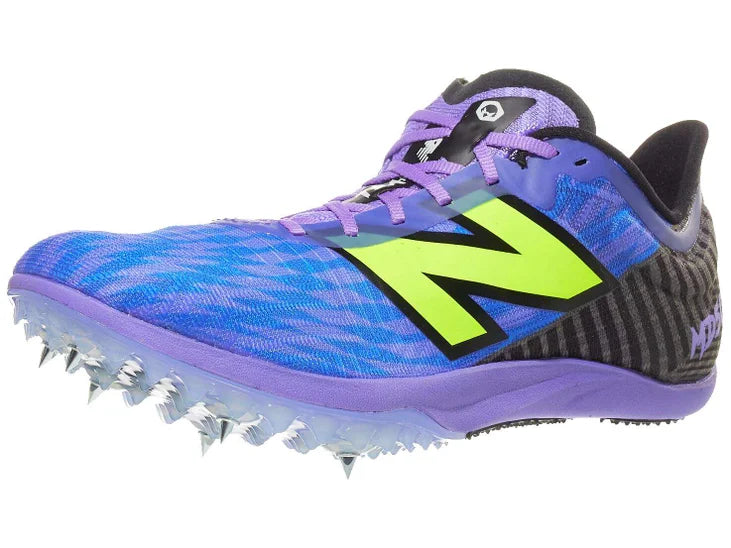 Women's New Balance FuelCell MD500. Blue upper. Purple midsole. Lateral view.