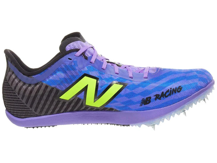Women's New Balance FuelCell MD500. Blue upper. Purple midsole. Medial view.