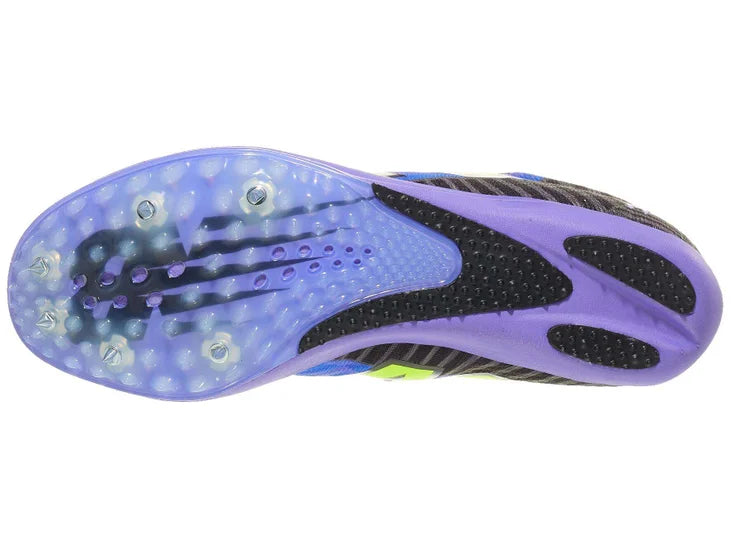 Women's New Balance FuelCell MD500. Blue upper. Purple midsole. Bottom view.