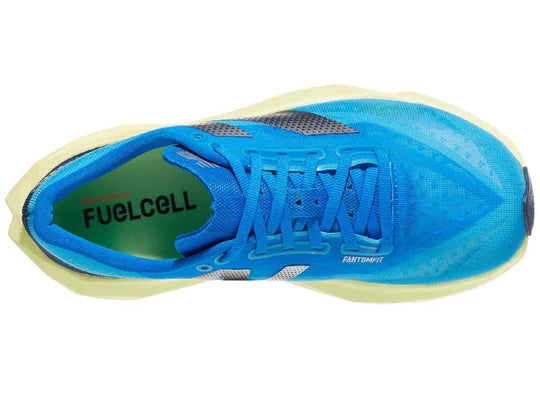 Women's New Balance FuelCell Rebel v4 in Spice Blue/Limelight/Blue Oasis — top view