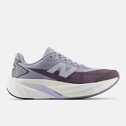 Women's New Balance FuelCell Rebel v5. Grey upper. White midsole. Lateral view.