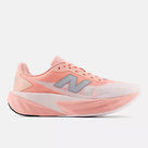 Women's New Balance FuelCell Rebel v5. White/Pink upper. White/Pink midsole. Lateral view.