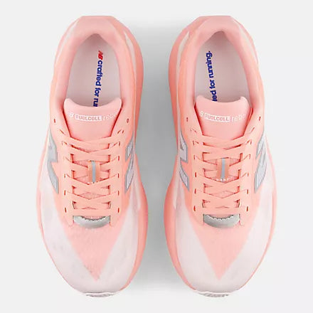 Women's New Balance FuelCell Rebel v5. White/Pink upper. White/Pink midsole. Top view.